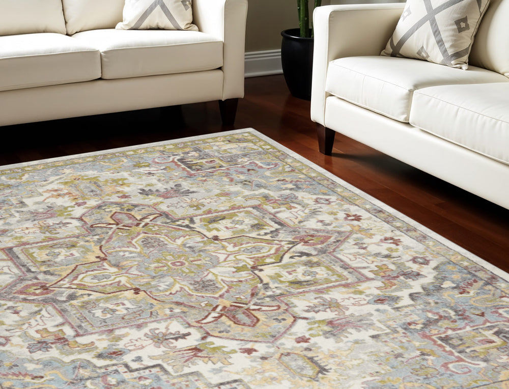 Homeroots 8' X 10' Ivory Green And Gray Floral Area Rug  Polypropylene 551339