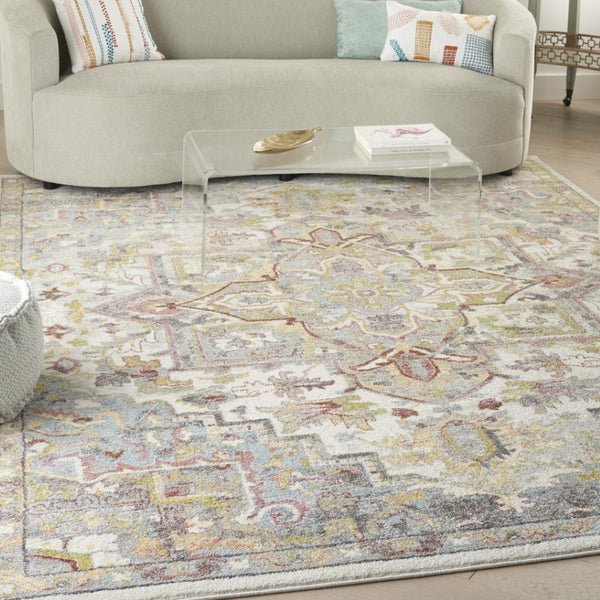 HomeRoots 5' Ivory Green and Gray Floral Medallion Area Rug - Timeless Elegance for Effortless Living Spaces 8' X 10' 551339