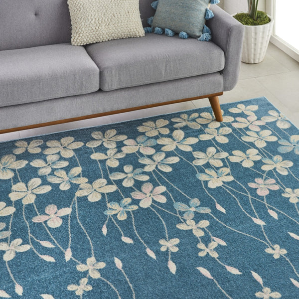 Homeroots 8' Turquoise And Cream Floral Area Rug - Durable, Stain-resistant Design For Stylish Comfort And Appeal 9' X 12' Polypropylene 551342