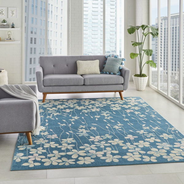 HomeRoots 8' Turquoise and Cream Floral Area Rug - Durable, Stain-Resistant Design for Stylish Home Décor 9' X 12' 551342