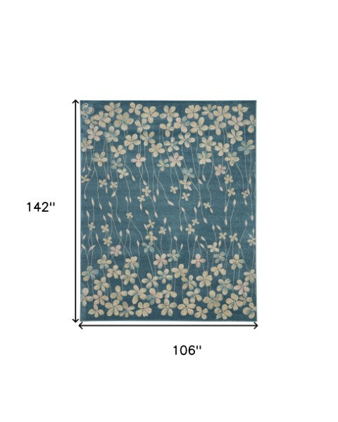 Homeroots 8' Turquoise And Cream Floral Area Rug - Durable, Stain-resistant Design For Stylish Comfort And Appeal 9' X 12' Polypropylene 551342