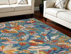 Homeroots 9' X 12' Aqua Floral Power Loom Area Rug  Polypropylene 551344