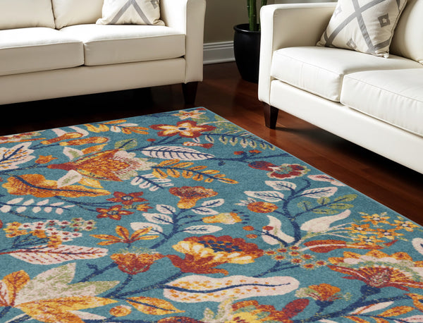 Homeroots 9' X 12' Aqua Floral Power Loom Area Rug  Polypropylene 551344