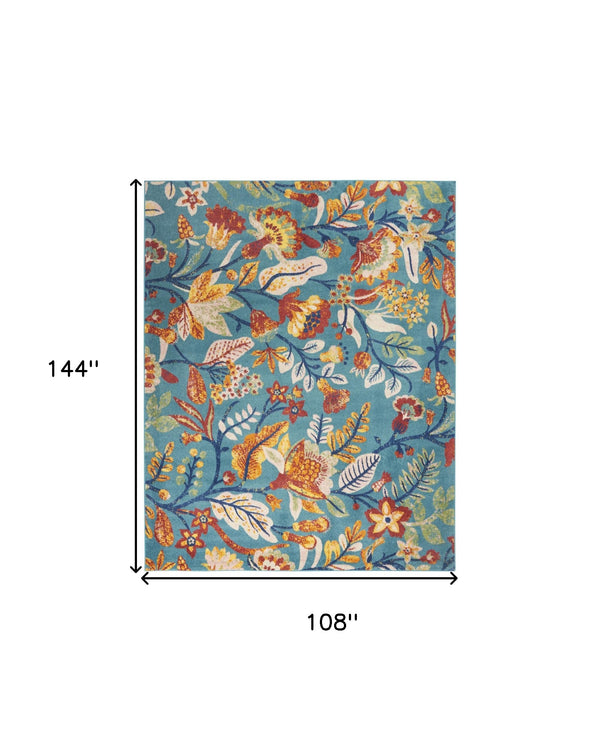 Homeroots 9' X 12' Aqua Floral Power Loom Area Rug  Polypropylene 551344