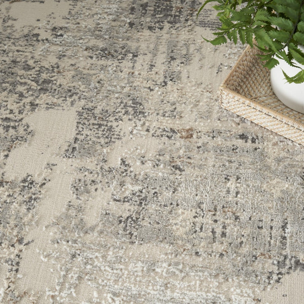 HomeRoots 5' Abstract Beige, Ivory, and Gray Non-Skid Area Rug - Modern, Stain-Resistant Design for Homes 9' X 12' 551346
