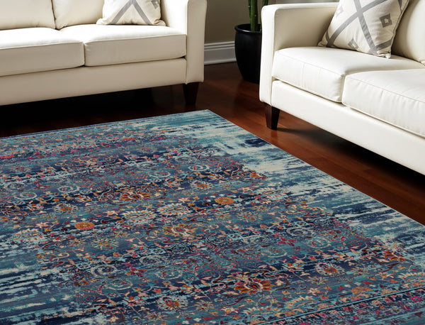 Homeroots 9' X 12' Floral Distressed Area Rug In Blue, Red & Orange – Durable, Non-skid, Stain Resistant Design!  Polypropylene 551355