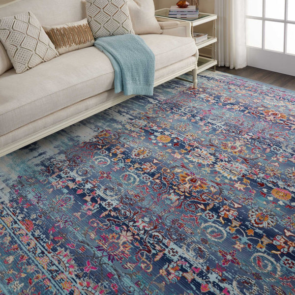Homeroots 9' X 12' Floral Distressed Area Rug In Blue, Red & Orange – Durable, Non-skid, Stain Resistant Design!  Polypropylene 551355