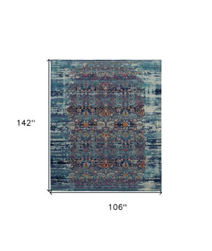 Homeroots 9' X 12' Floral Distressed Area Rug In Blue, Red & Orange – Durable, Non-skid, Stain Resistant Design!  Polypropylene 551355