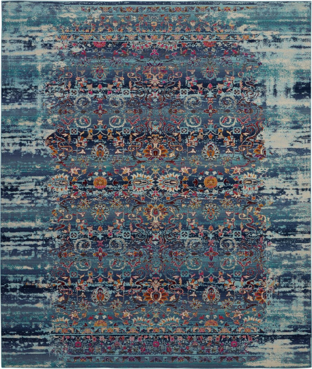 HomeRoots 9' Floral Distressed Area Rug in Blue, Red, and Orange – Non-Skid, Durable, Vintage Style for Home 9' X 12' 551355