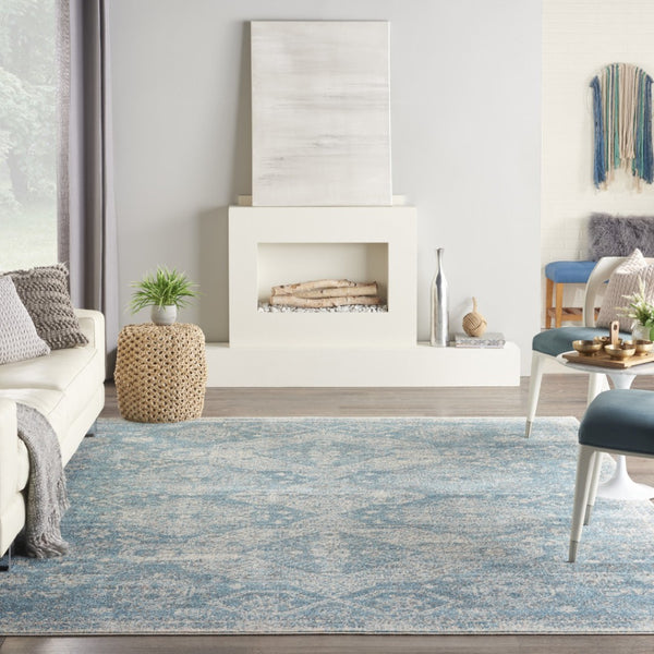 HomeRoots 9' Ivory and Light Blue Geometric Distressed Area Rug - Stylish, Durable, and Stain-Resistant Design 9' X 12' 551356