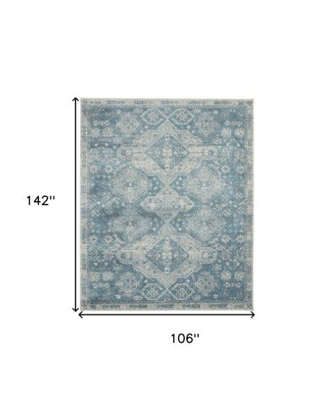 Homeroots 5' Ivory And Light Blue Medallion Distressed Area Rug - Durable, Stain Resistant, Stylish Design 9' X 12' Polypropylene 551356