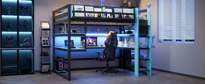 English Elm Full Size Gaming Loft Bed with Rgb Lights Wraparound Shelves and Built-in Usb Ports Blue LT000299AAC