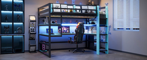 English Elm Full Size Gaming Loft Bed with Rgb Lights Wraparound Shelves and Built-in Usb Ports Blue LT000299AAC