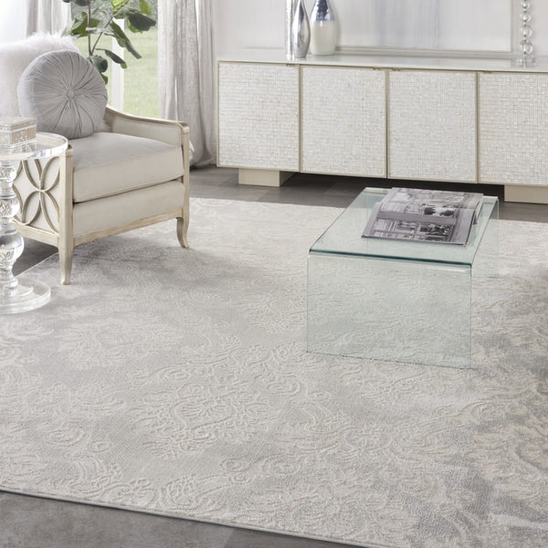 HomeRoots 8' Elegant Ivory and Gray Damask Area Rug – Distressed Non-Skid Design for Timeless Living Spaces 9' X 12' 551369