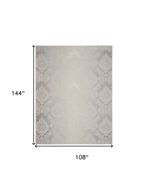 Homeroots 9' X 12' Gray And Ivory Damask Distressed Non Skid Area Rug  Polypropylene,Polyester 551369