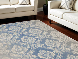 Homeroots 9' X 12' Blue And Ivory Damask Distressed Non Skid Area Rug  Polypropylene,Polyester 551370