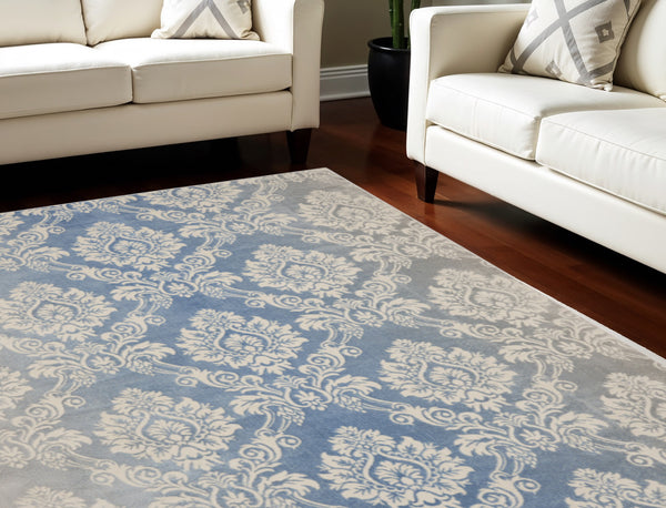Homeroots 9' X 12' Blue And Ivory Damask Distressed Non Skid Area Rug  Polypropylene,Polyester 551370