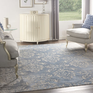 Homeroots 9' X 12' Blue And Ivory Damask Distressed Non Skid Area Rug  Polypropylene,Polyester 551370
