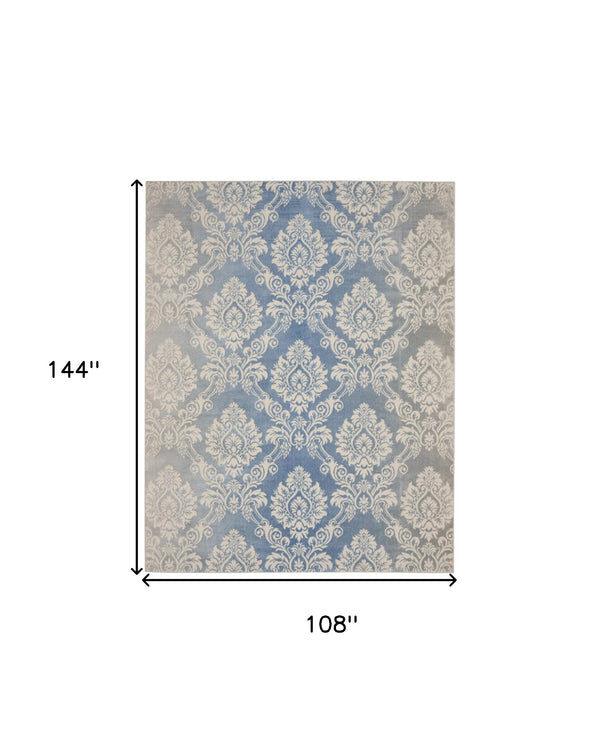Homeroots 9' X 12' Blue And Ivory Damask Distressed Non Skid Area Rug  Polypropylene,Polyester 551370