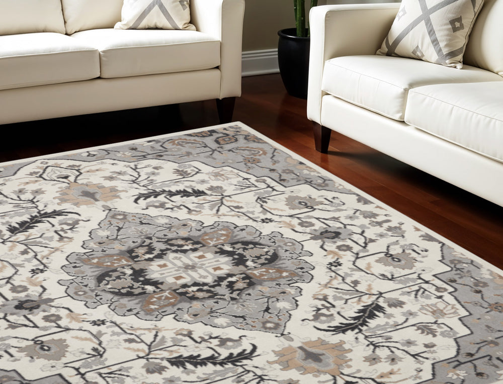 Homeroots 9' X 12' Ivory Black And Gray Floral Medallion Non Skid Area Rug  Polypropylene,Polyester 551371