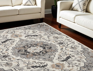 HomeRoots 8' Elegant Ivory, Black & Gray Floral Non-Skid Area Rug for Timeless Style & Durability in Your Home 9' X 12' 551371