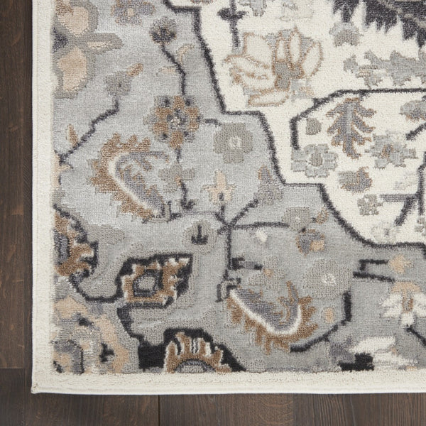 HomeRoots 8' Elegant Ivory, Black & Gray Floral Non-Skid Area Rug for Timeless Style & Durability in Your Home 9' X 12' 551371