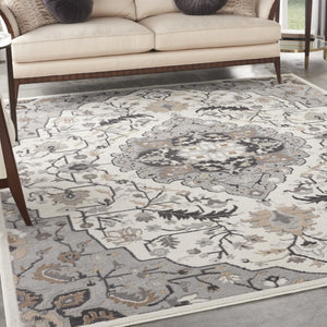 HomeRoots 8' Elegant Ivory, Black & Gray Floral Non-Skid Area Rug for Timeless Style & Durability in Your Home 9' X 12' 551371