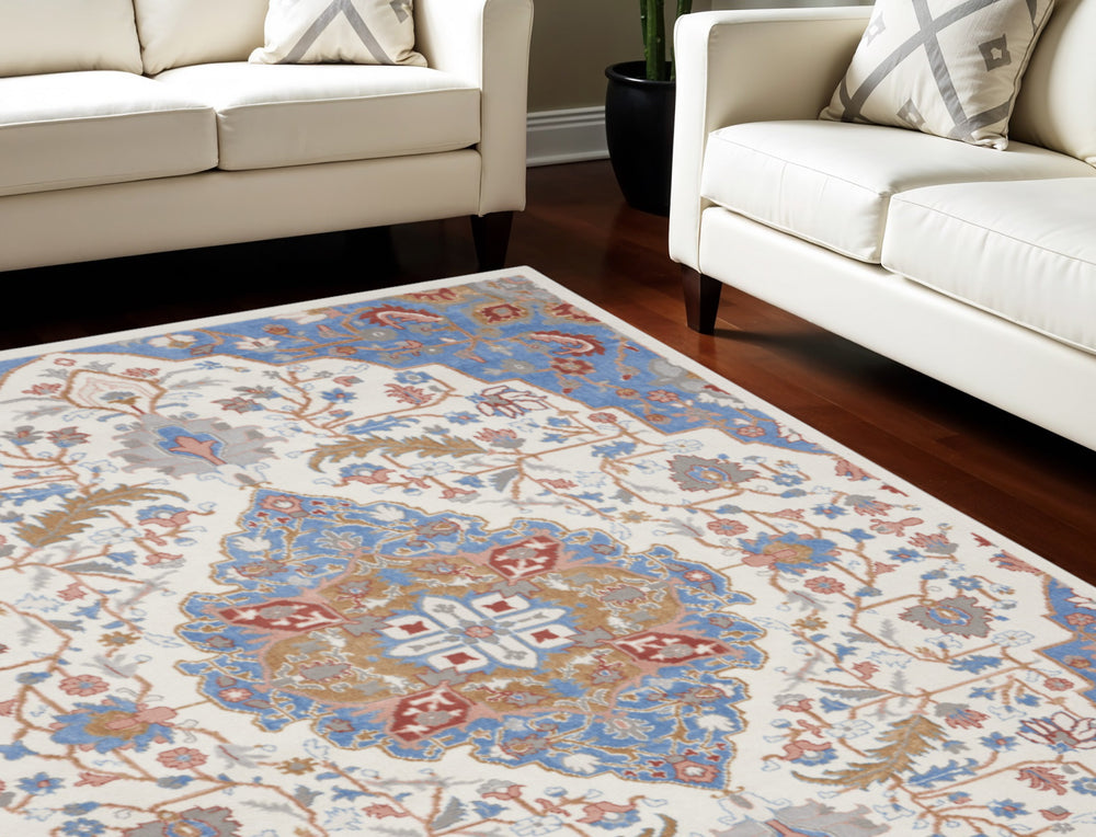 Homeroots 9' X 12' Ivory Tan And Blue Floral Medallion Non Skid Area Rug  Polypropylene,Polyester 551372