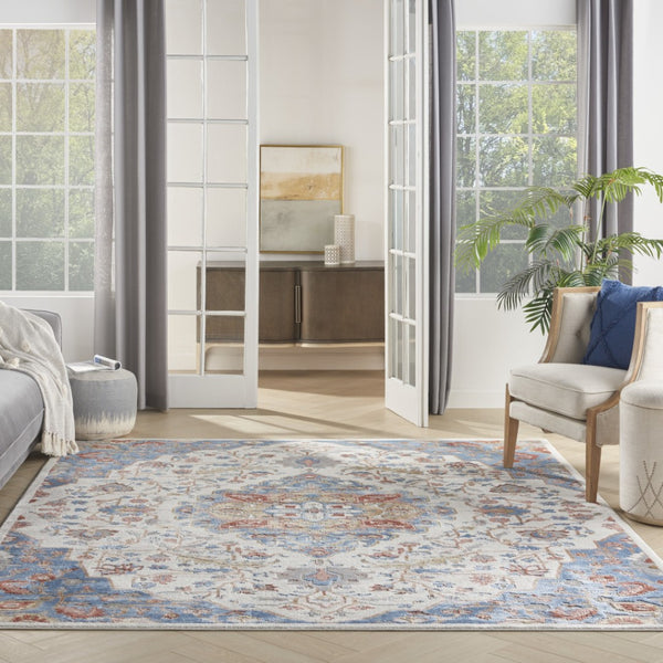 HomeRoots 8' Ivory and Blue Floral Area Rug - Durable, Non-Skid, Transitional Design for Timeless Elegance 9' X 12' 551372