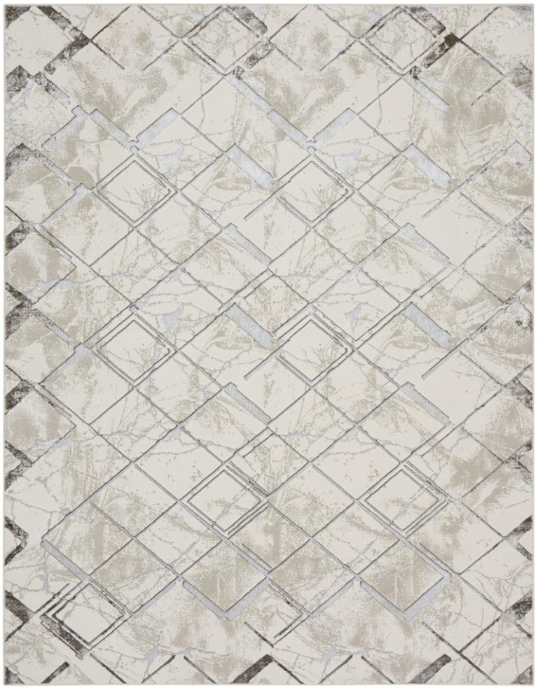 HomeRoots 9x12 Cream Geometric Area Rug Power Loomed Polyester for Living Room or Dining 551374