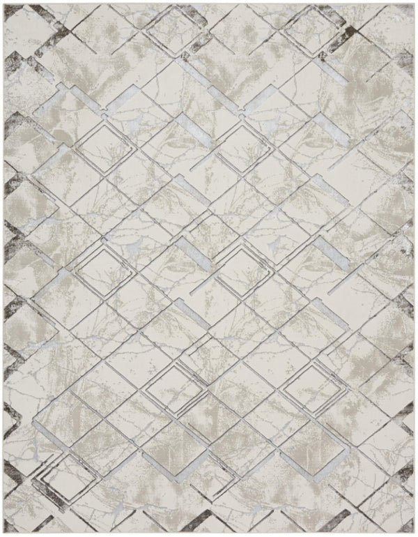 HomeRoots 9x12 Cream Geometric Area Rug Power Loomed Polyester for Living Room or Dining 551374