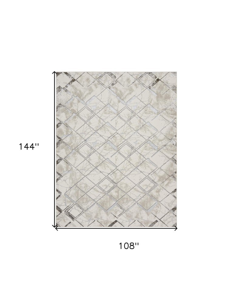 HomeRoots 9x12 Cream Geometric Area Rug Power Loomed Polyester for Living Room or Dining 551374