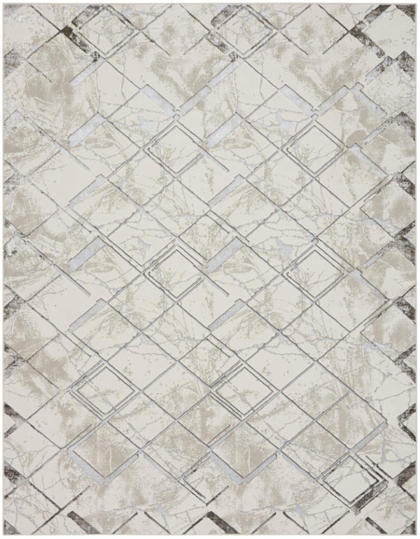 9x12 Cream Geometric Area Rug Power Loomed Polyester for Living Room or Dining