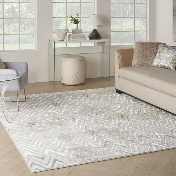 HomeRoots 5' Distressed Chevron Area Rug in Beige, Blue, and Ivory - Soft, Durable, Non-Skid Design for Modern Homes 9' X 12' 551379