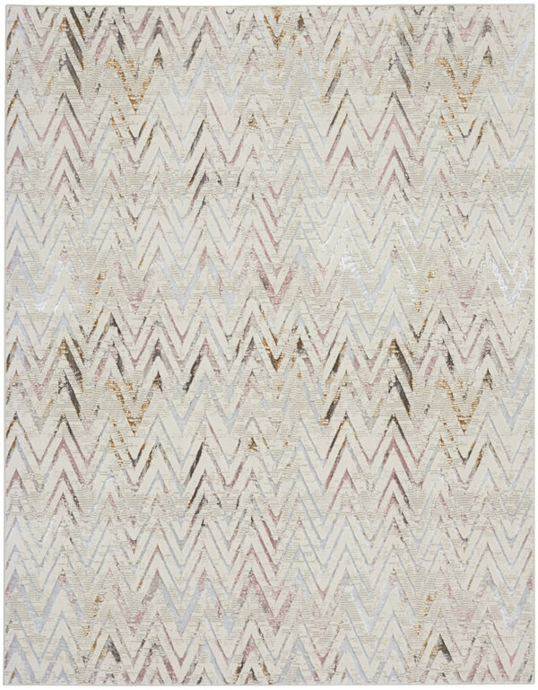 HomeRoots 5' Distressed Chevron Area Rug in Beige, Blue, and Ivory - Soft, Durable, Non-Skid Design for Modern Homes 9' X 12' 551379