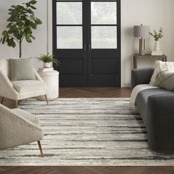HomeRoots 5' Abstract Ivory Beige and Gray Non-Skid Area Rug - Durable, Stain-Resistant, Modern Style for Any Room 9' X 12' 551381