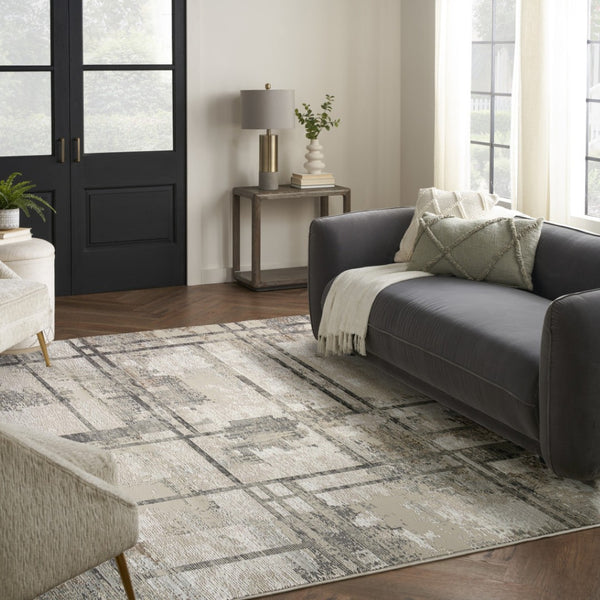 HomeRoots 5' Modern Abstract Area Rug in Ivory, Gray & Black - Durable, Stain-Resistant, Non-Skid Design 9' X 12' 551384
