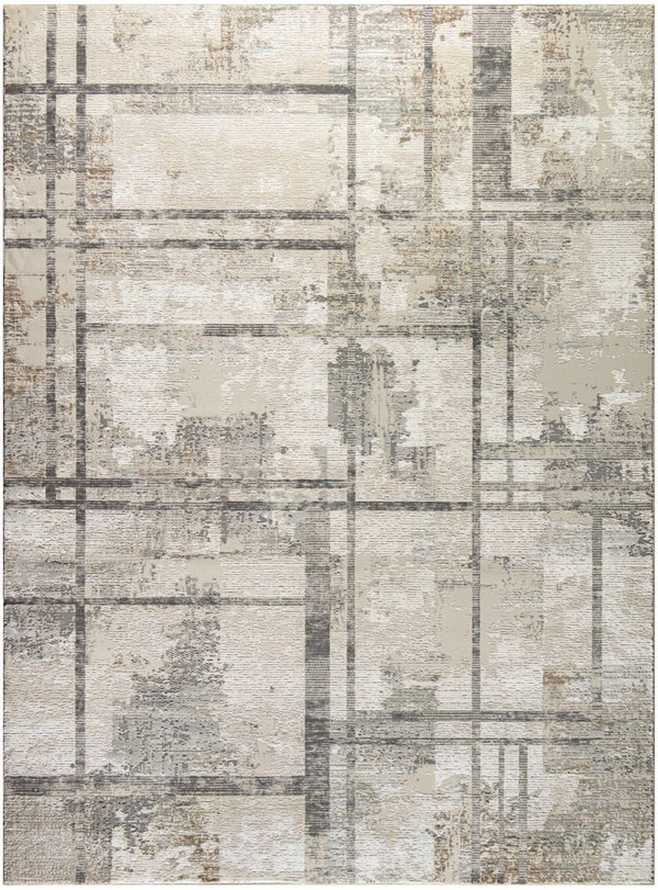HomeRoots 5' Modern Abstract Area Rug in Ivory, Gray & Black - Durable, Stain-Resistant, Non-Skid Design 9' X 12' 551384