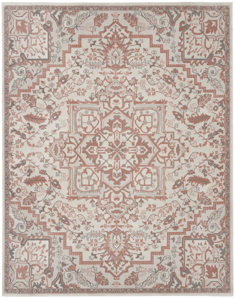 Homeroots 9' X 12' Ivory And Red Floral Medallion Non Skid Area Rug  Polypropylene,Polyester 551385