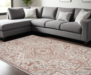 HomeRoots 9' Elegant Ivory and Red Floral Medallion Area Rug – Timeless Bohemian Design for Any Room 9' X 12' 551385