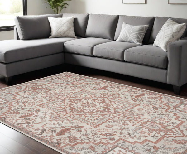 HomeRoots 9' Elegant Ivory and Red Floral Medallion Area Rug – Timeless Bohemian Design for Any Room 9' X 12' 551385
