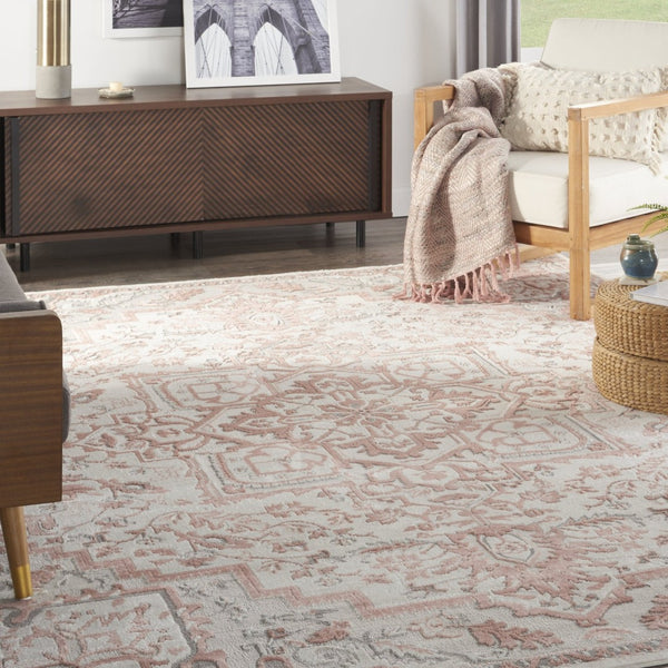 HomeRoots 9' Elegant Ivory and Red Floral Medallion Area Rug – Timeless Bohemian Design for Any Room 9' X 12' 551385