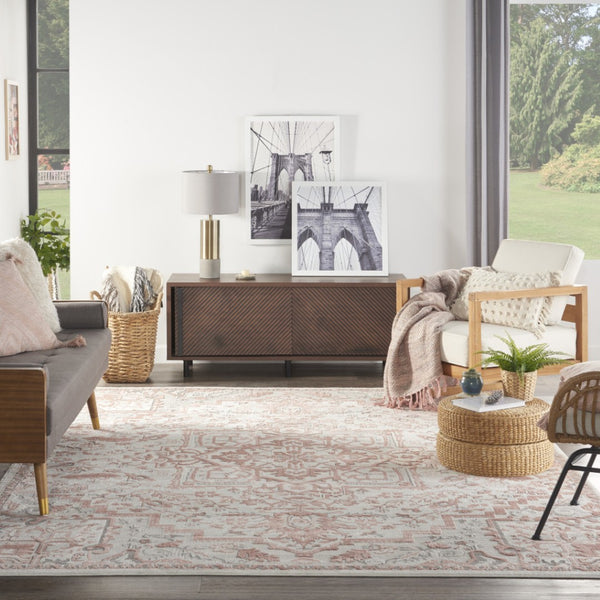 HomeRoots 9' Elegant Ivory and Red Floral Medallion Area Rug – Timeless Bohemian Design for Any Room 9' X 12' 551385
