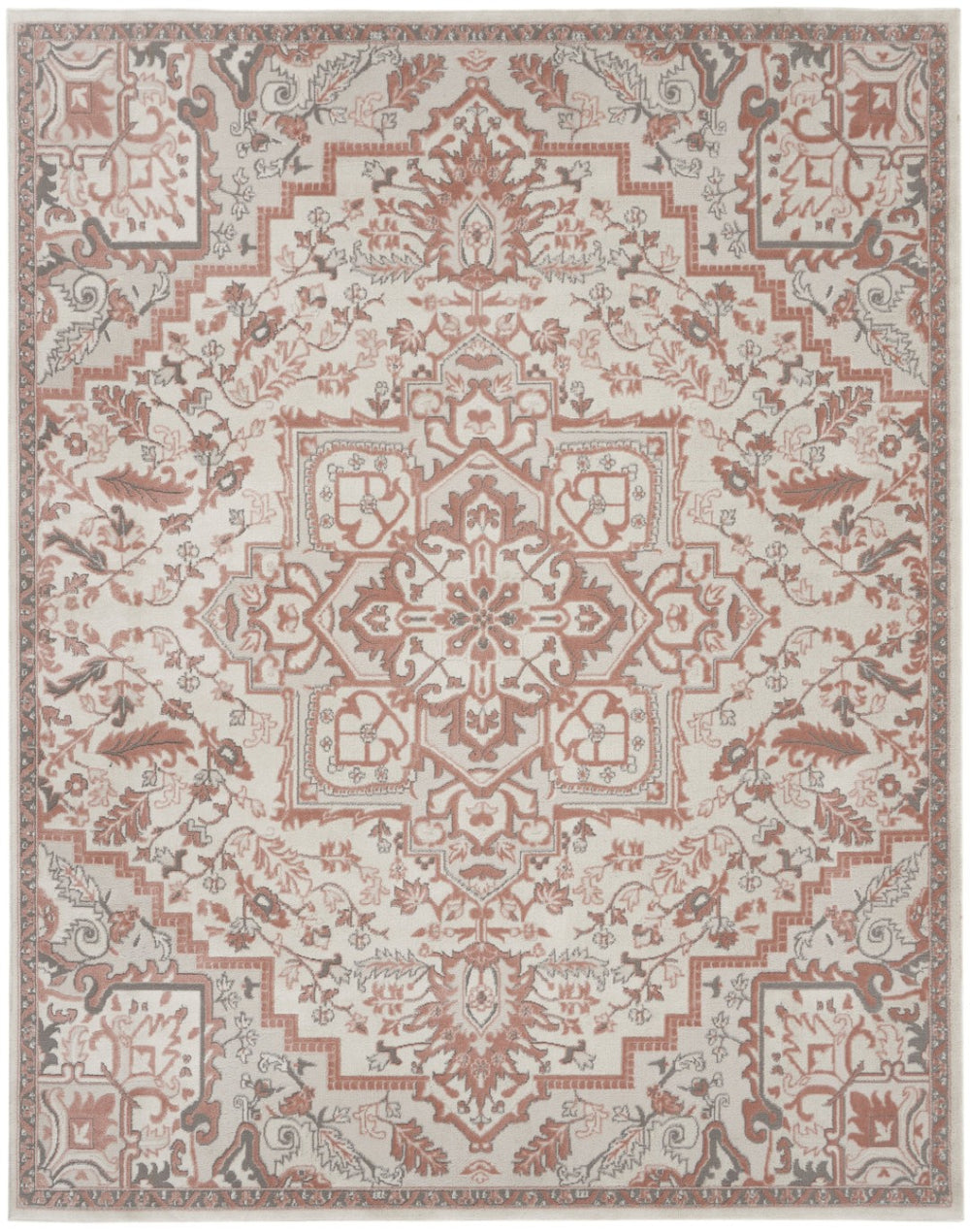 HomeRoots 9' Elegant Ivory and Red Floral Medallion Area Rug – Timeless Bohemian Design for Any Room 9' X 12' 551385