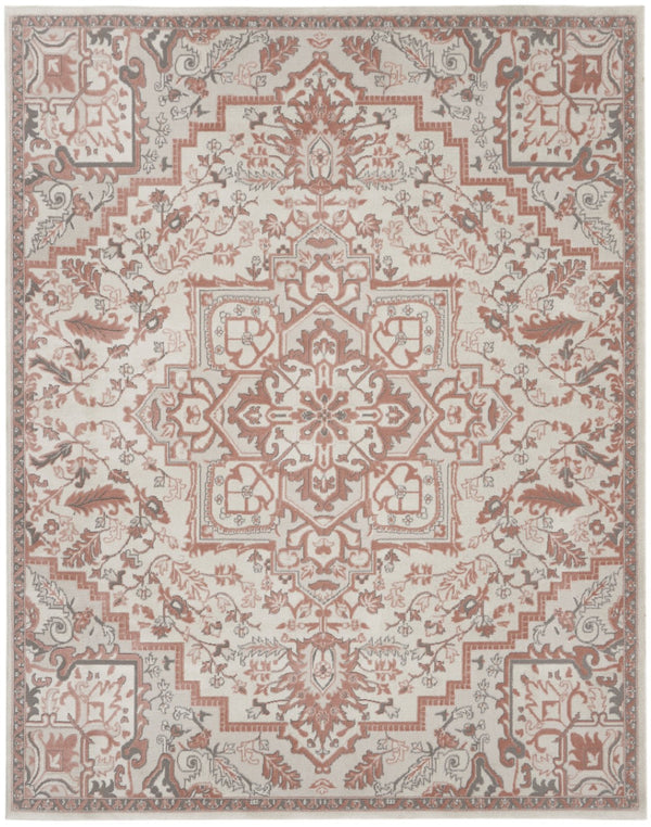 HomeRoots 9' Elegant Ivory and Red Floral Medallion Area Rug – Timeless Bohemian Design for Any Room 9' X 12' 551385