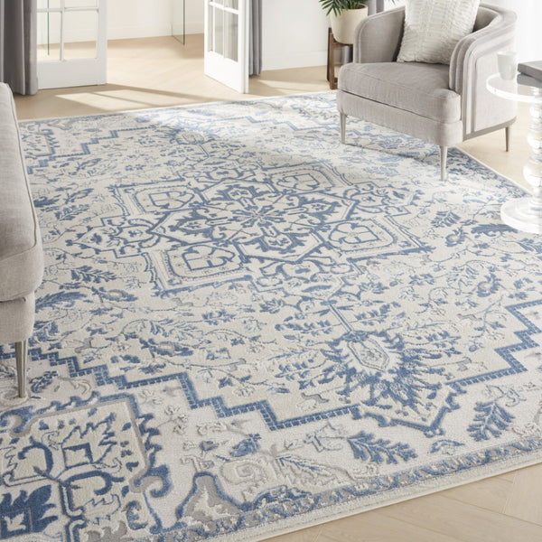 HomeRoots 8' Elegant Ivory and Blue Floral Area Rug - Durable, Non-Skid Design for Timeless Home Style 9' X 12' 551386