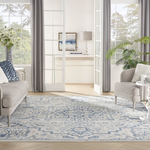 HomeRoots 8' Elegant Ivory and Blue Floral Area Rug - Durable, Non-Skid Design for Timeless Home Style 9' X 12' 551386