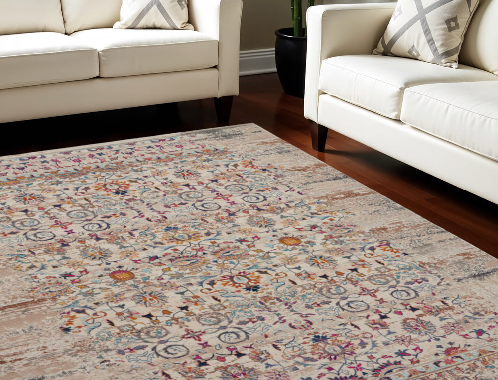Homeroots 9' Ivory And Brown Floral Distressed Non-skid Area Rug – Durable, Stain-resistant, Stylish Home Accent  Polypropylene 551387