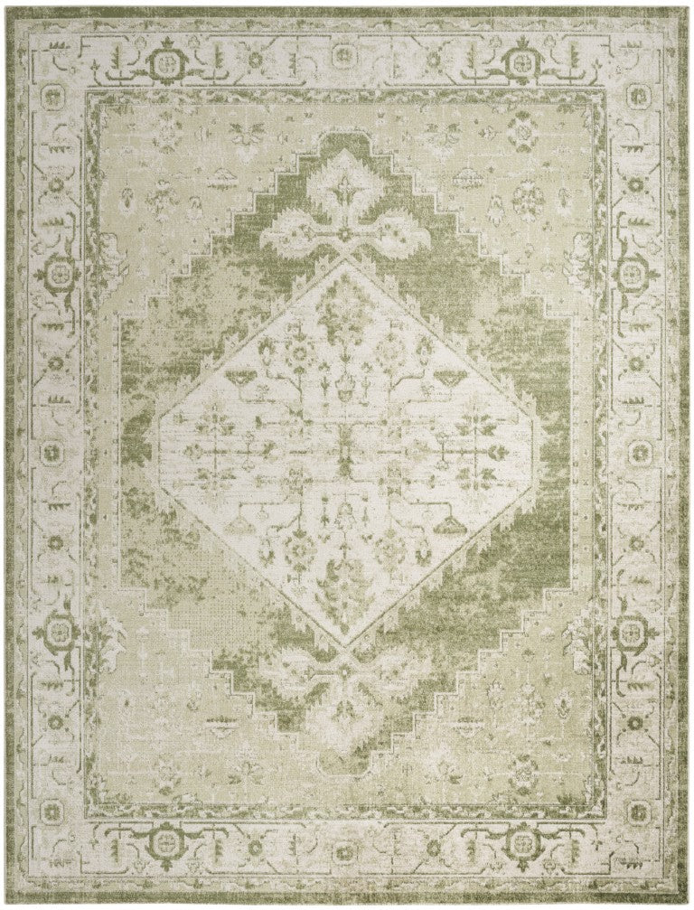 HomeRoots 9x12 Floral Distressed Polyester Area Rug in Sage Ivory for Living Dining Rooms 551388
