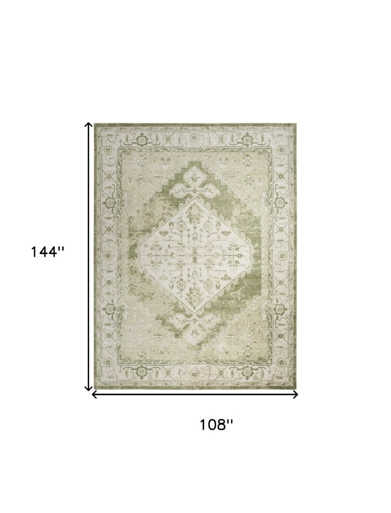 HomeRoots 9x12 Floral Distressed Polyester Area Rug in Sage Ivory for Living Dining Rooms 551388
